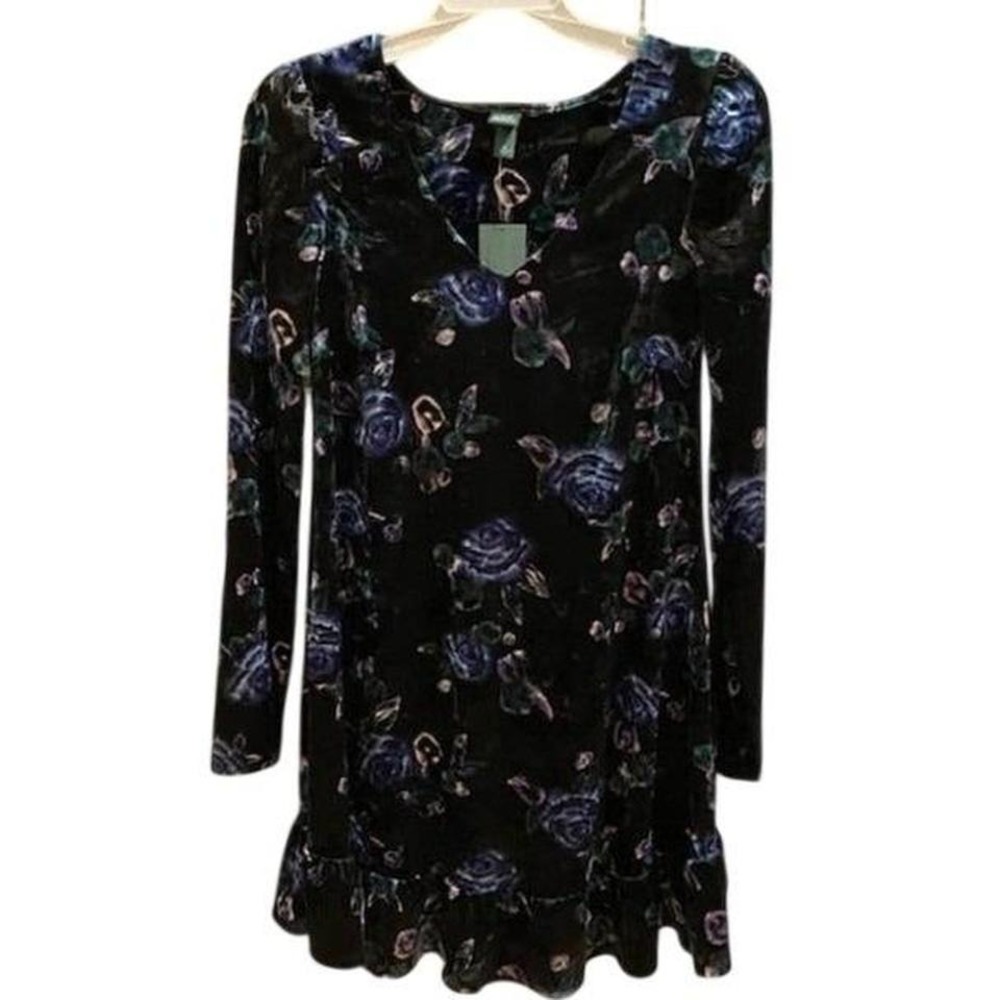 Wild Fable Velvet Floral Long Sleeve Mini Dress Blue Roses Whimsy Goth‎ Romantic